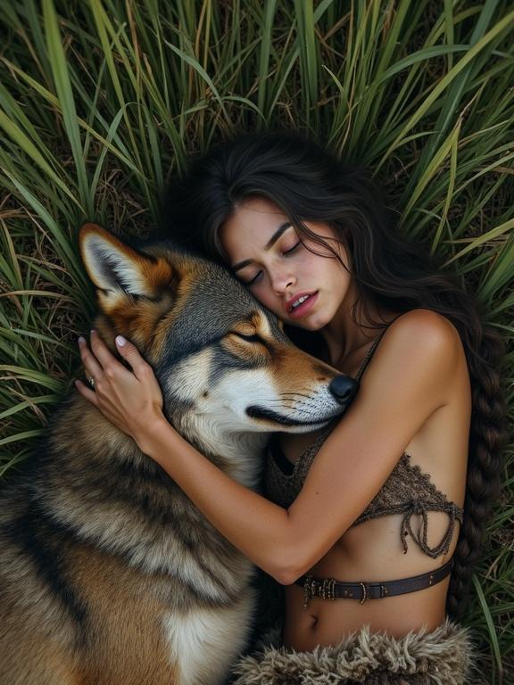 Aerial view of a young tribal huntress lying on a meadow with a big wolf. She hugs the wolf with her hands behind its head. The huntress has braided long hair and tanned, dirty skin. A torn loincloth is on her body. The wolf has an open toothy muzzle. Both appear calm and tired after a fight. Background filled with green grass. Soft and cinematic lighting enhances the emotional connection between them.