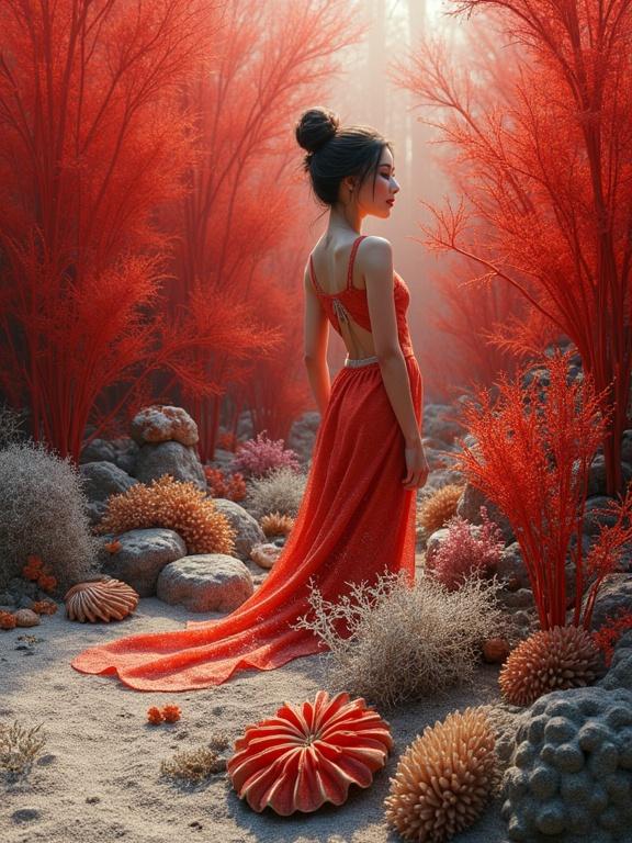 A surreal artwork captures a woman wearing a red dress in a coral reef environment. Red plants and textured materials surround her. The image evokes tranquility and depth with soft lighting and detailed elements. Masterpiece in hyperrealistic 3D art style.