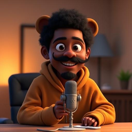 Pixar-style animated character with bear ears and mustache. Sitting at a podcast setup. Smiling and engaging. Warm lighting in the scene.
