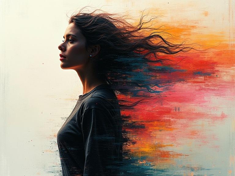 A silhouette of a woman in motion. The figure is depicted with vibrant colors that seem to shatter and flow. The background features fast-moving blurred lines with abstract brush strokes. The style is surreal and expressive.