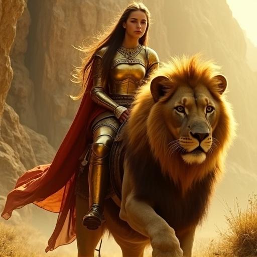 A stunning young woman in gold armor rides a lion. She has long brown hair. The lion has a rich brown coat and a thick mane. Both appear in a rocky landscape with golden light. The atmosphere is fantastic and otherworldly.