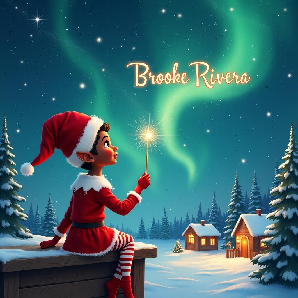 Elf sitting on a wooden ledge gazes at magical sky. Dressed in red outfit with pointed hat. Holds sparkling wand, writing 'Brooke Rivera' in starry sky. Snowy landscape with charming houses and evergreen trees. Northern Lights shimmer. The elf adds names 'Natasha' and 'Ada' in sky. Captures essence of childhood magic and Christmas cheer.