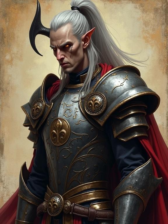 A tall male tiefling paladin with ash-gray skin and glowing amber eyes. Long silver hair in a high ponytail. Sleek black horns arched backward. Serious expression with scars on cheekbones. Intricate plate armor with infernal sigils. Deep crimson cloak. Noble stance, ready to duel. Soft warm lighting and painterly texture. Background like worn parchment.