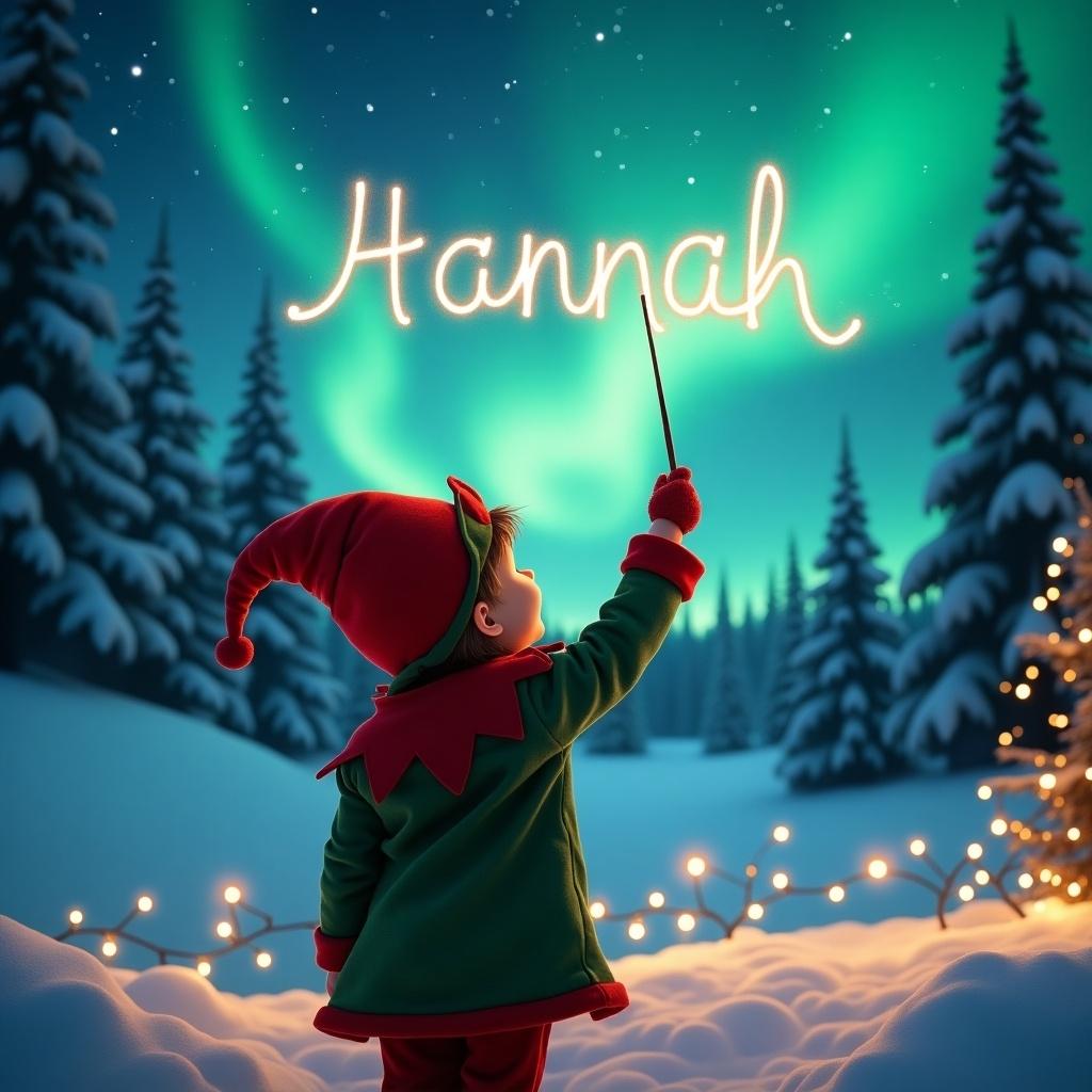 A festive winter scene with a child in an elf costume. The child stands with their back to the viewer, looking up at the magical northern lights. They are using a wand to write the name 'Hannah' in sparkles. The background has snow-covered trees and twinkling lights in the foreground. The overall mood is joyful and celebratory, perfect for the holidays.