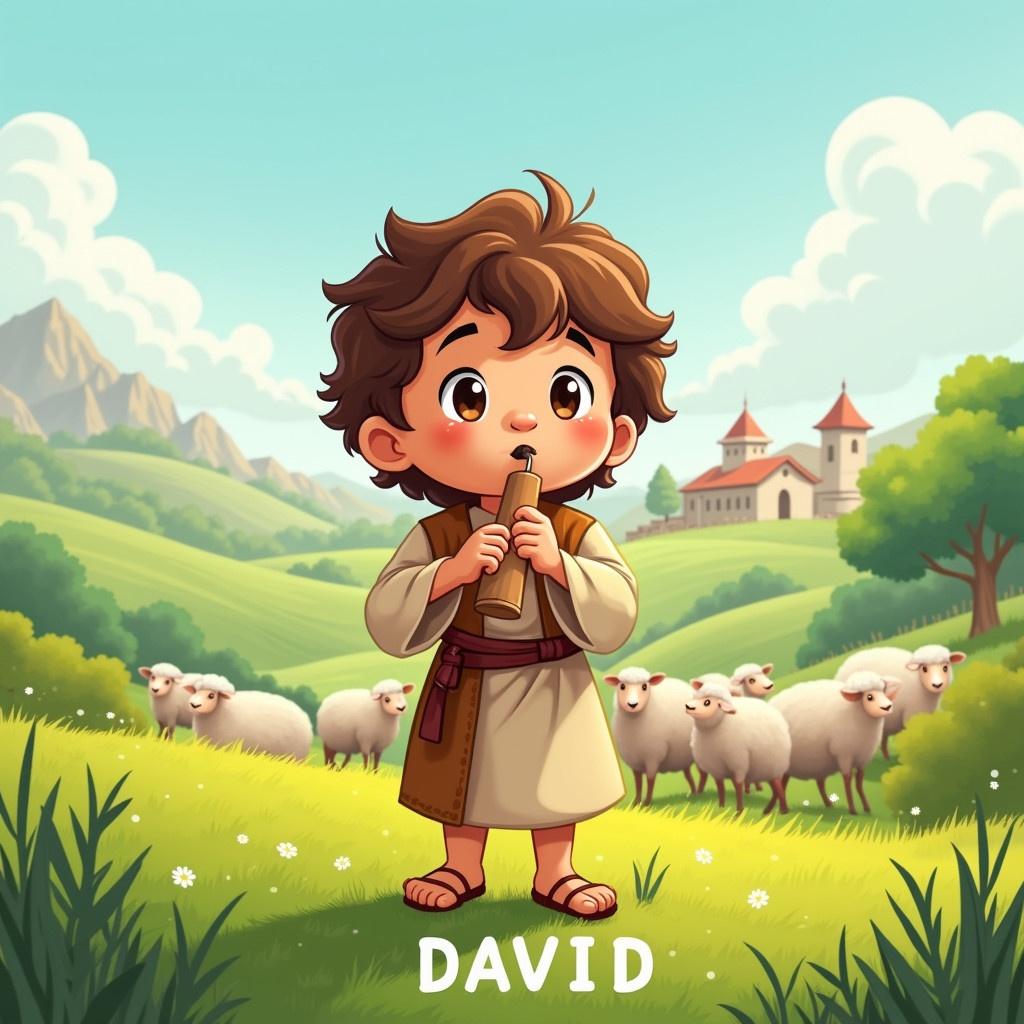 Cheerful cartoon illustration of David. Young boy with brown hair wearing light brown shepherd clothing. Standing in lush green pasture playing a mouth musical instrument. Surrounded by lots of sheep. Distant village in the background. Vibrant colors and attention to detail.