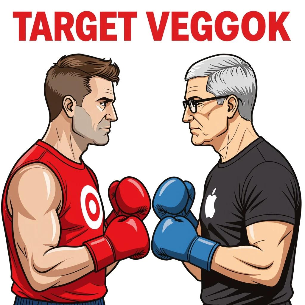 Cartoon-style image of two male boxers facing each other. One boxer wears red Target shirt. The other boxer wears black Apple shirt. Both show serious expressions. Fists positioned differently. Background is white. Scene rendered with cartoon illustration style.