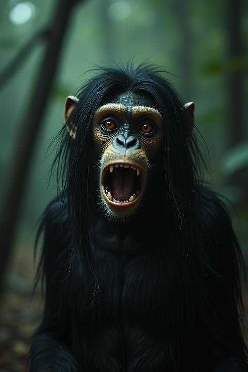 Image of a character resembling a mix of a monkey and a horror element inspired by Samara from 'The Ring'. Eerie setting with dark colors and intense expression.
