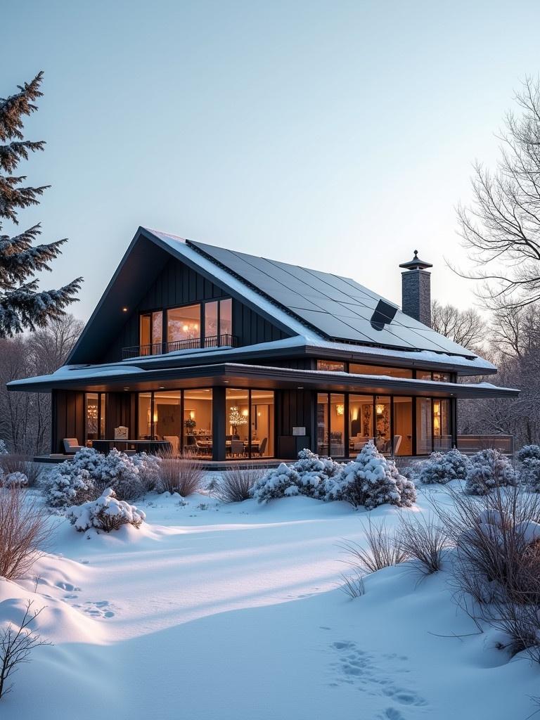 Luxurious home in winter. House equipped with solar panels. Snow covers the ground and landscape. Modern architecture is visible.