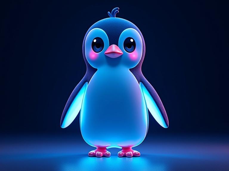 Neon blue and dark blue high-contrast abstract piece. A 3D adorable penguin stands under bright neon lights.