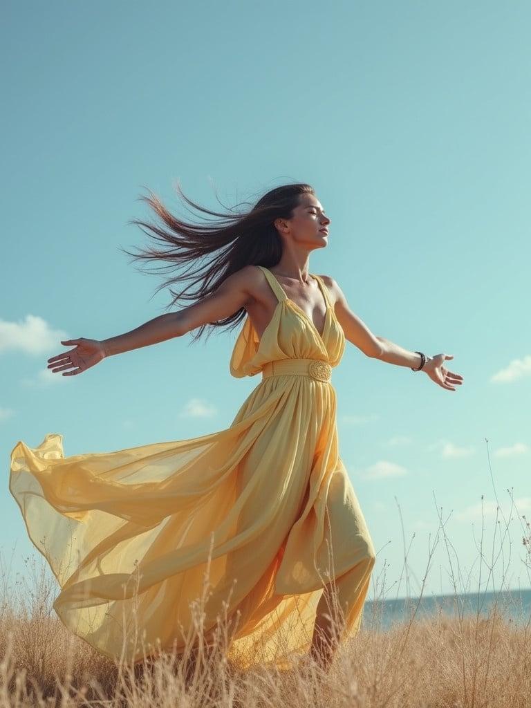 Model wearing a yellow dress stands in a field with arms open wide. Wind blows the dress creating a sense of freedom. Bright blue sky with fluffy clouds serves as a backdrop. Model is captured in side profile against the nature backdrop.