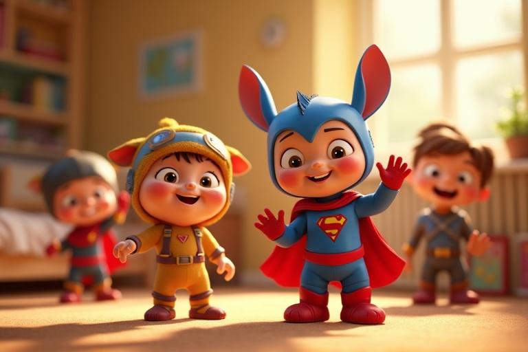 A vibrant 3D animated scene shows superhero character Sparky wearing a red cape and blue suit standing cheerfully. Zumo in a futuristic outfit stands nearby. Others wave with happy expressions. Warm natural light fills the children's bedroom with bright colors all around.