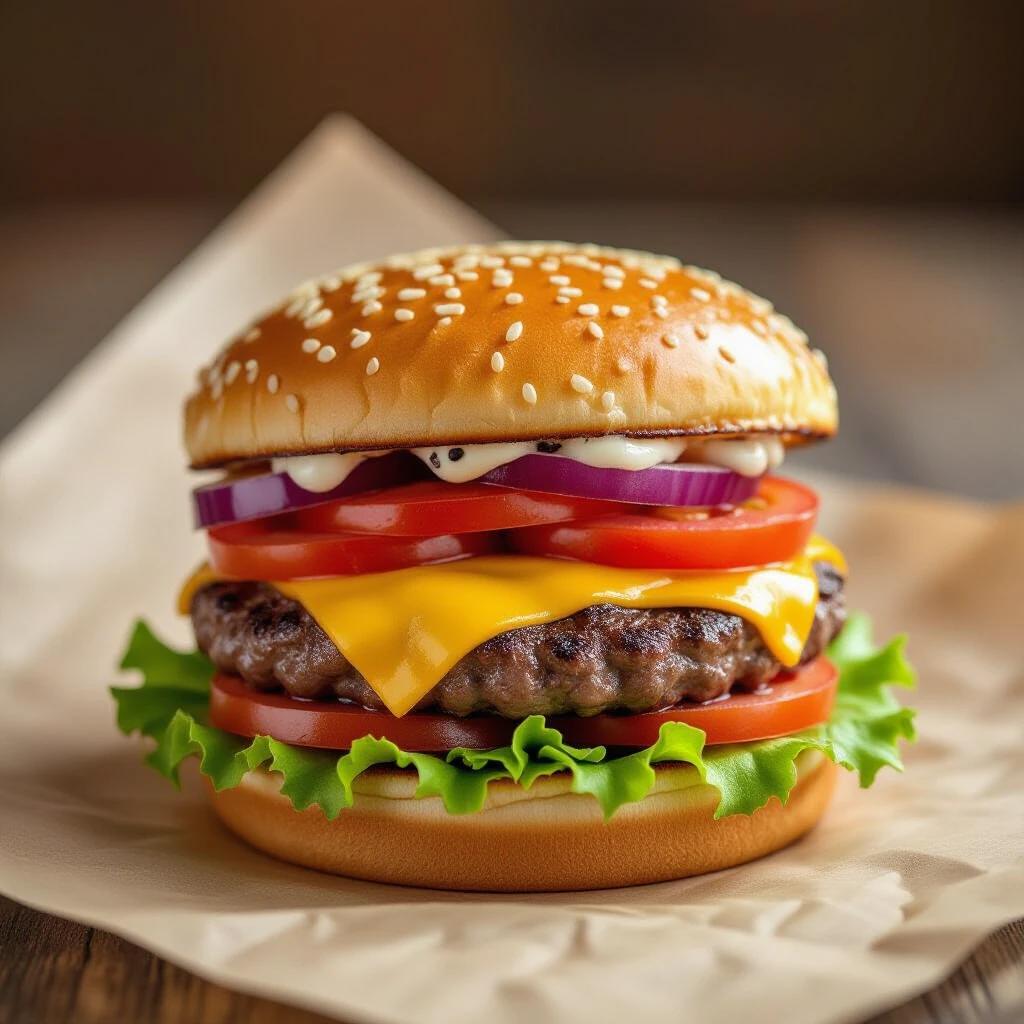 Close-up image of a double cheeseburger on a paper base. Topped with lettuce, tomato, onions, and mayonnaise. Contains two layers of cheese and a beef patty. Classic sesame seed bun.