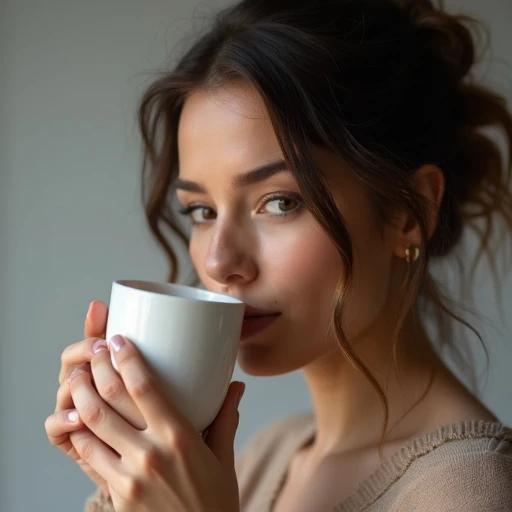 Attractive brunette woman drinks from a rectangular cylindrical mug using her right hand. The composition focuses on her hands with soft lighting.