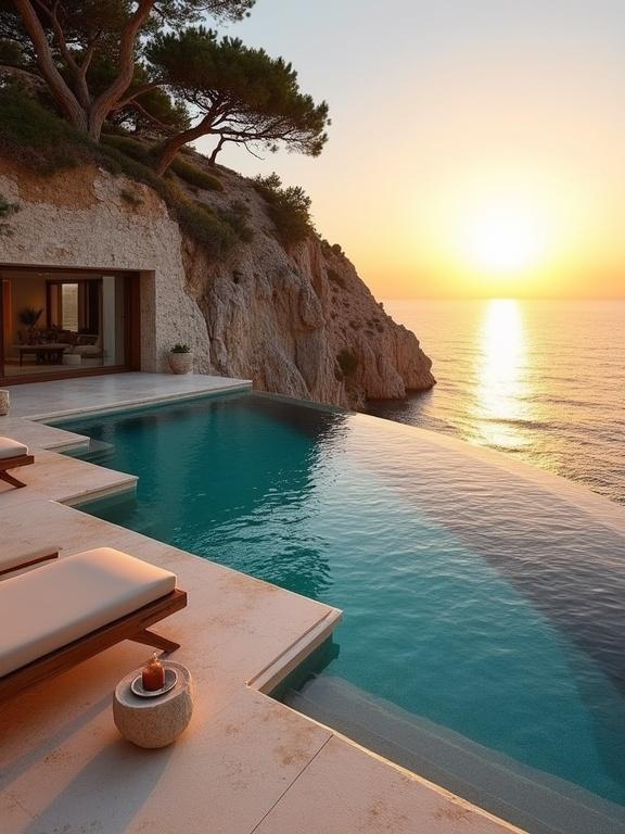 Luxury infinity pool built into a coastal cliff. Seamless blend of pool water with ocean horizon. Scene at sunset with golden light. Elegant cream marble flooring. Lounge area with plush beige cushions. Candle holder near pool edge. Cliffs and pine trees provide natural shade. Glass-walled villa in the background. Captures luxury Mediterranean living.