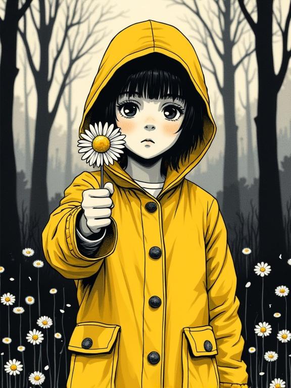 Graphic novel style image featuring a girl in a yellow raincoat. She is holding out a single daisy. The composition is low-angle with extreme foreground focus on the flower. The background dissolves into abstract halftone patterns of a forest. The girl's face and body have minimal detail. High-contrast lighting is used to create visible ink bleed effects on paper texture.