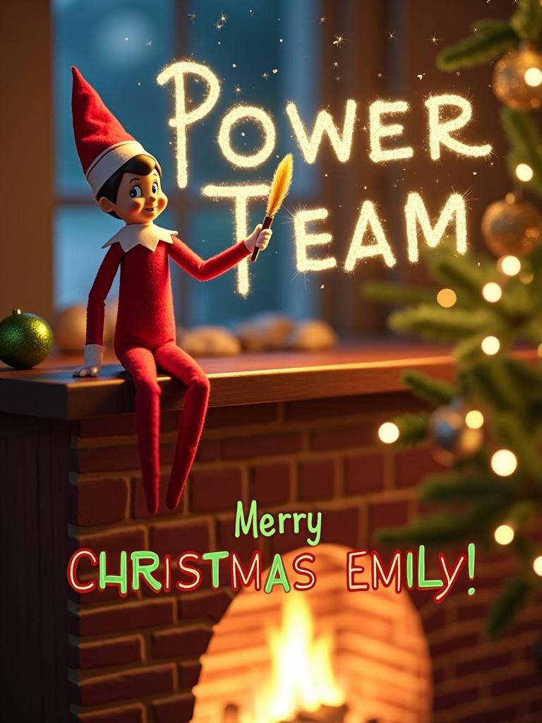 Cheerful Christmas card featuring Elf on the Shelf on a wooden mantle. Elf holds a golden quill while writing 'Power Team' in stardust. Glowing fireplace in background with decorated Christmas tree. 'Merry Christmas, Emily!' at the bottom in playful lettering.