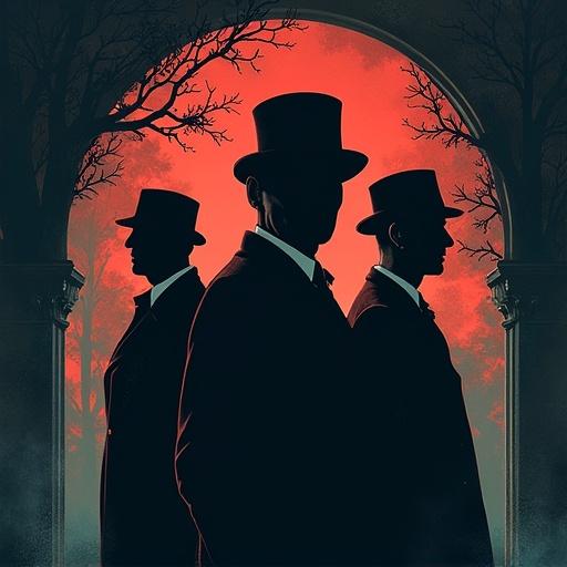 Logo featuring three silhouetted figures in top hats against a red backdrop. The style is reminiscent of classic detective themes with a mysterious and eerie feel.