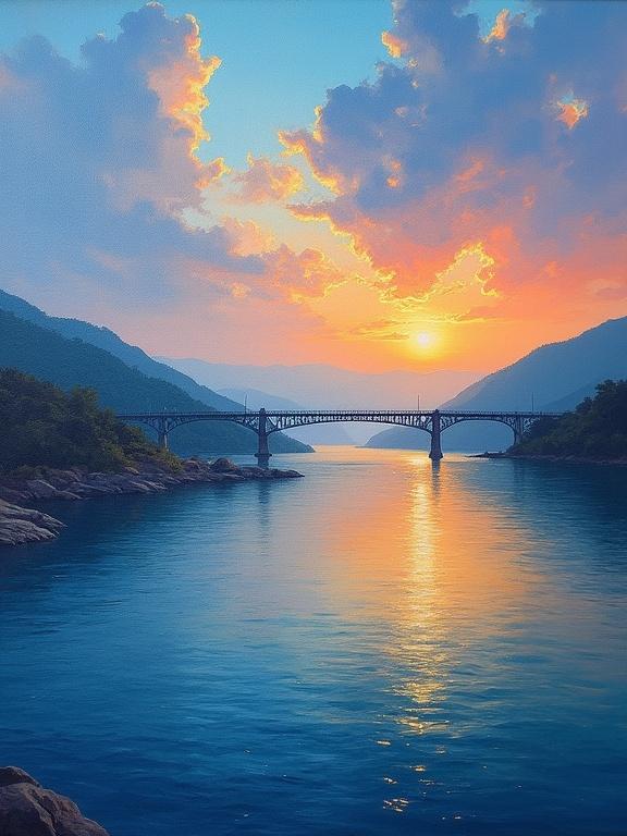 An oil painting featuring the Brahmaputra River below the Saraighat Bridge in Guwahati. The artwork portrays a vibrant sunset with a colorful sky.