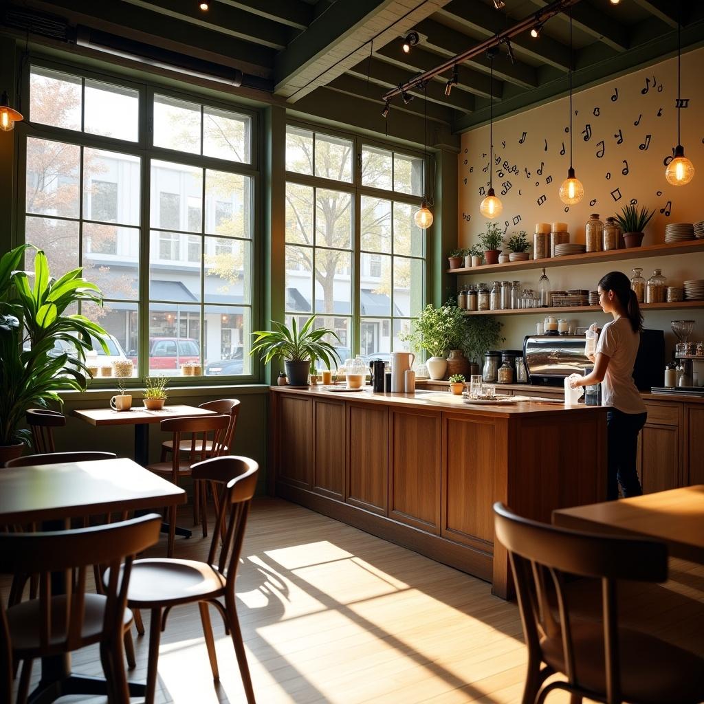 This image portrays the interior of a charming café named Firmament Cafe. It features a warm and inviting setup with large windows allowing natural light to flood the space. A barista is seen at the counter, skillfully preparing coffee. The room is adorned with lush greenery and decorative accents, enhancing the cozy atmosphere. The wooden furnishings create a rustic yet modern look, making it a perfect spot for relaxation or casual meetings.