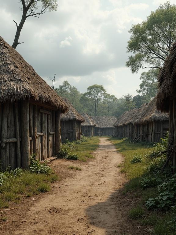 Stylized depiction of Roanoke Colony settlement under construction. Simple wooden structures. Detailed colonial architecture with weathered planks. Rustic buildings with thatched roofs. Dirt pathways. Overgrown vegetation. Cloudy sky affecting lighting. Muted color palette. Realistic style with high detail.