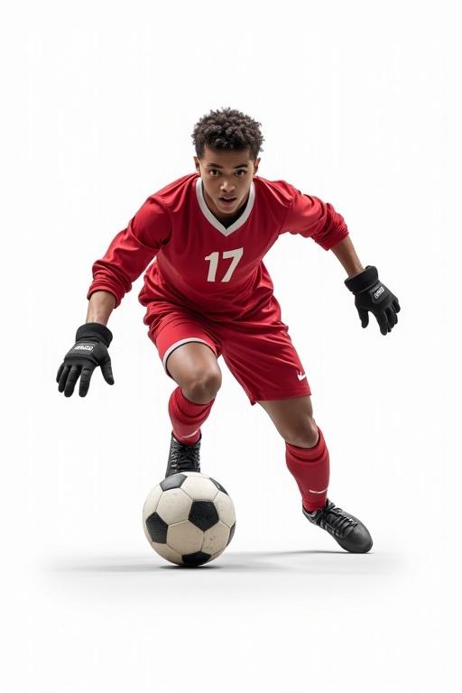 Image features a young soccer player in red uniform dribbling a black and white soccer ball isolated against a white background.