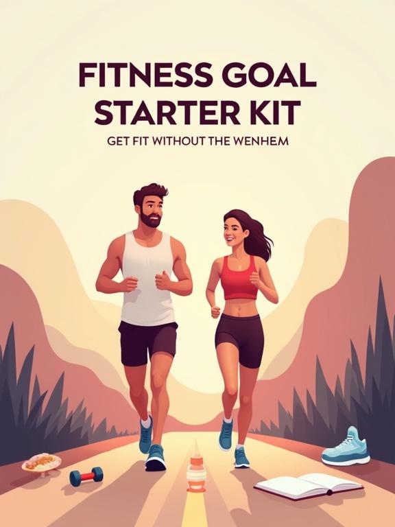 A clean and modern fitness starter kit cover. A young man and woman jog together along a bright sunrise path wearing casual athletic wear. Nearby are a notebook and a water bottle. Minimalist icons display a running shoe, dumbbell, water drop, and calendar. The background features a soft nature landscape with mountains and trees. Bold text overlay reads 'Fitness Goal Starter Kit – Get Fit Without the Overwhelm'. The style is flat design with soft pastel colors conveying calm and achievable energy.