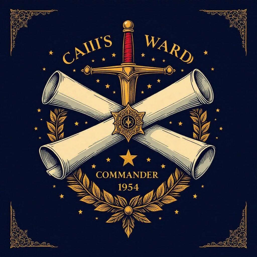 Design features a vintage diploma with a military theme. Main elements include a sword, scrolls, and a star. Artistic style is ornate and detailed. Color palette is navy blue, gold, and red. Emblem represents achievement and authority.