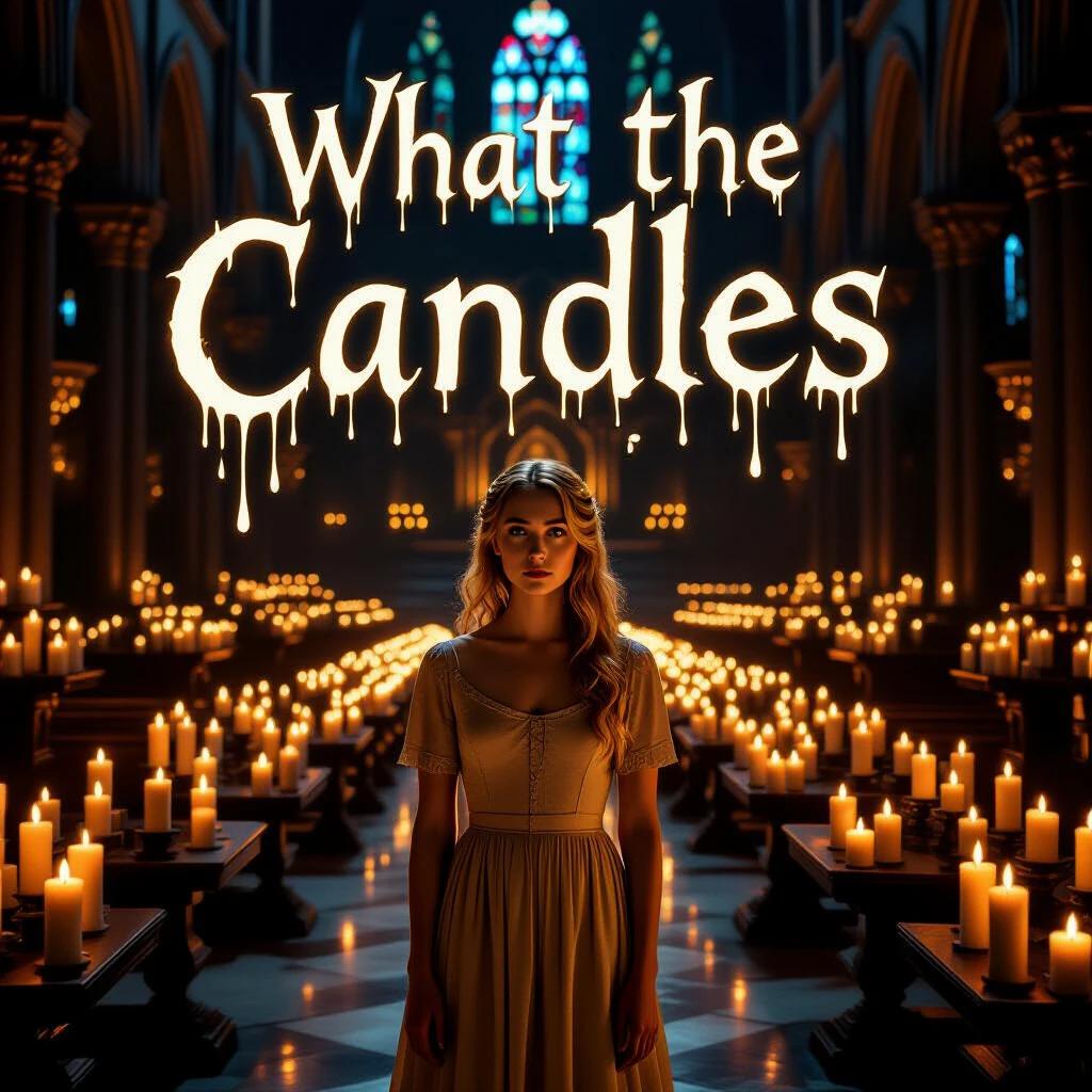 Movie poster for WHAT THE CANDLES REMEMBER. Title presented in a melted wax font. Woman stands alone in a candle-filled cathedral. Ambient warm glow and light shimmering on her tears. Gothic and emotional composition.