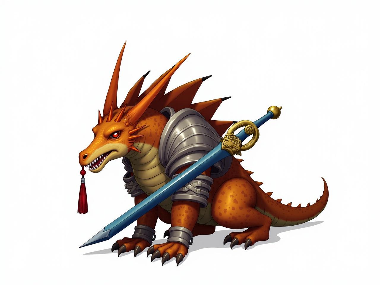 The image depicts a highly detailed digital illustration of a dragon-like character designed for a video game. This character features vibrant orange and brown scales, sharp claws, and is adorned in a full suit of intricately designed armor. The armor highlights the character's fierce demeanor and includes a helmet and a shield on its back. Adding to its warrior aesthetics, the character wields a striking blue sword, complemented by a red tassel. Its eyes glow red, enhancing its intimidating presence against a plain white background, which makes the character stand out brilliantly.