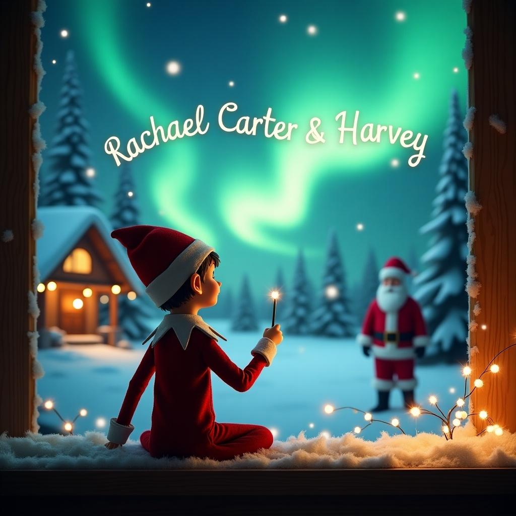 An enchanting scene captures an elf on the shelf as he sits with his back to the viewer, facing the captivating northern lights. He holds a wand, magically writing the names ‘Rachael, Carter & Harvey' in the sky. The background showcases a winter wonderland, with snow-covered trees and a cozy cabin. In the distance, Santa Claus stands, adding to the magical atmosphere. Soft, warm lighting enhances the whimsical feel, perfect for the holiday season.