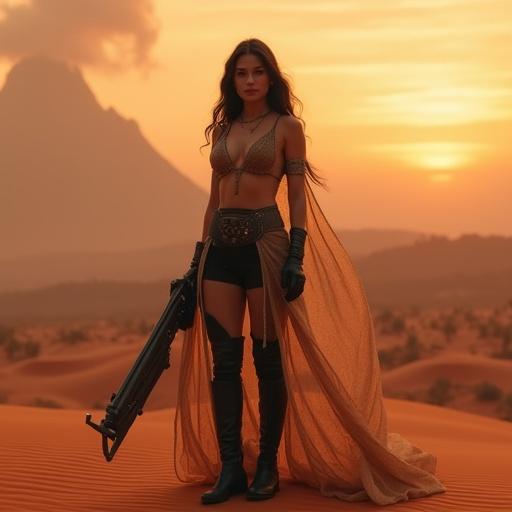 A beautiful slim woman stands confidently on reddish sand in a desert. She wears a semi-transparent tunic over her torso, black pants, and boots. A galactic weapon is in her hands. She is featured in soft light, creating an elegant strong presence. A volcano is visible in the desert backdrop. The image has a cinematic quality and professional photographic style.