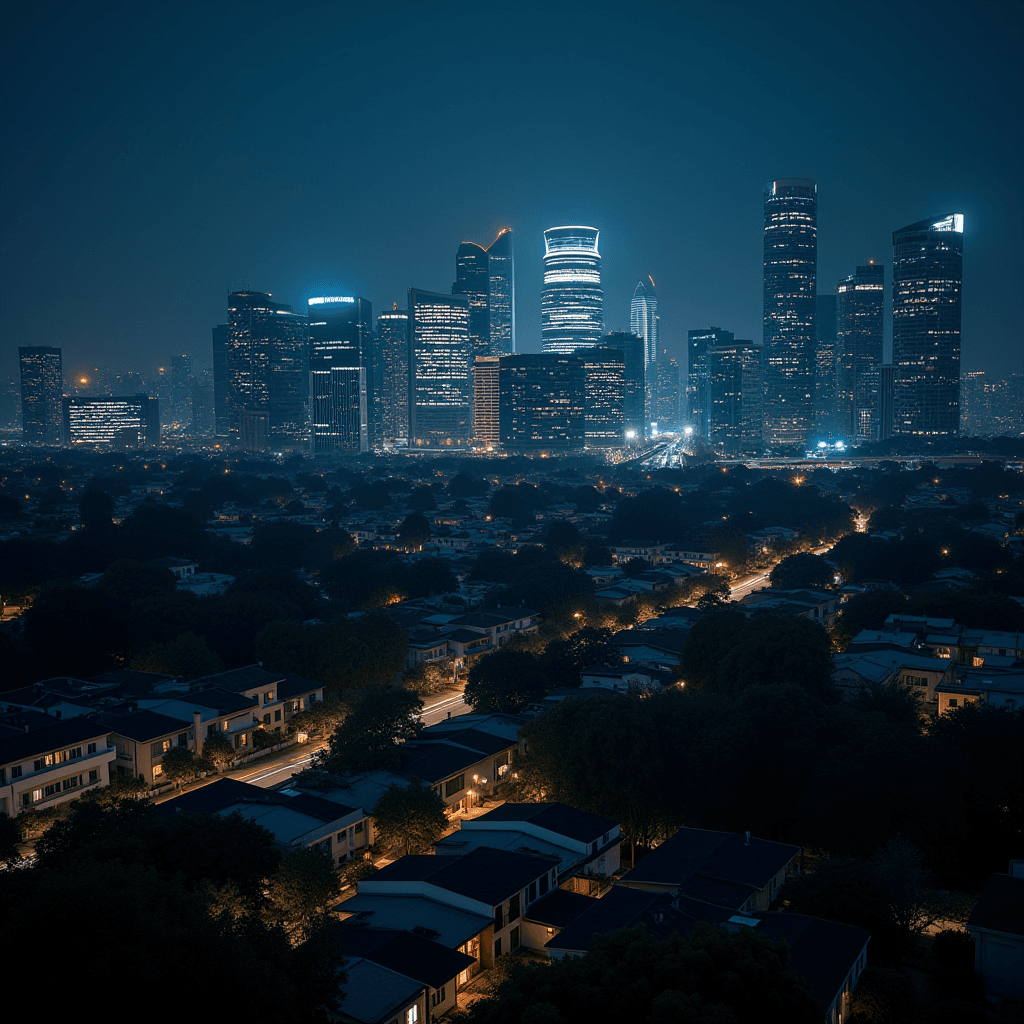 A modern city skyline is dramatically lit against the night sky, with skyscrapers casting a glow over the quiet residential area below.