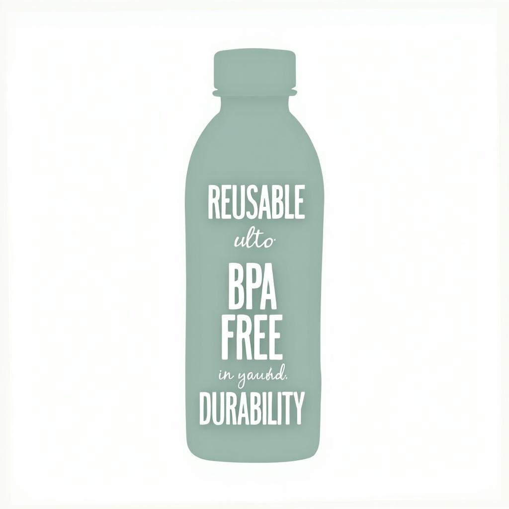 Image of a water bottle shape with text. Text includes reusable, BPA free, durability. Neat design with emphasis on eco-friendliness.