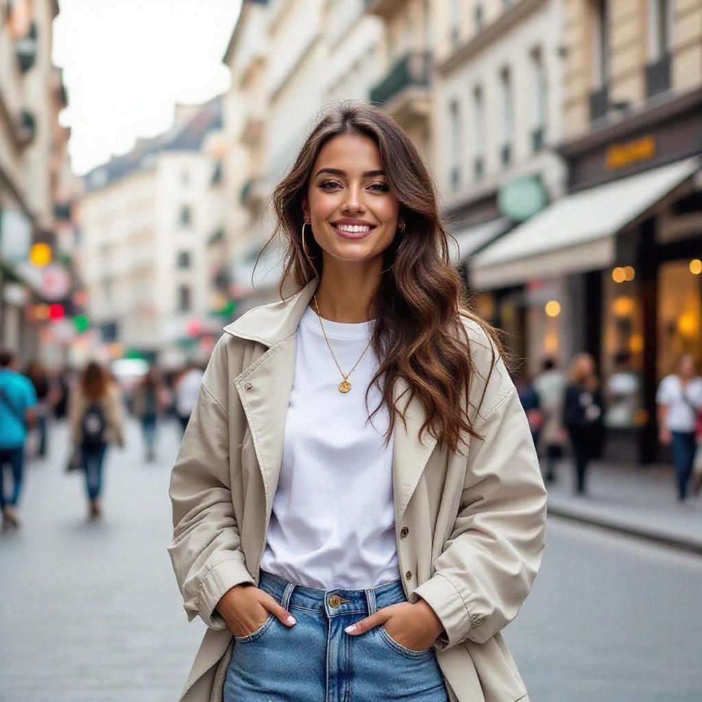 A smiling woman posing outdoors in a stylish casual outfit. Urban street scene in the background. Focus on fashion with a blend of modern and sustainable elements. Highlight comfort and authenticity.