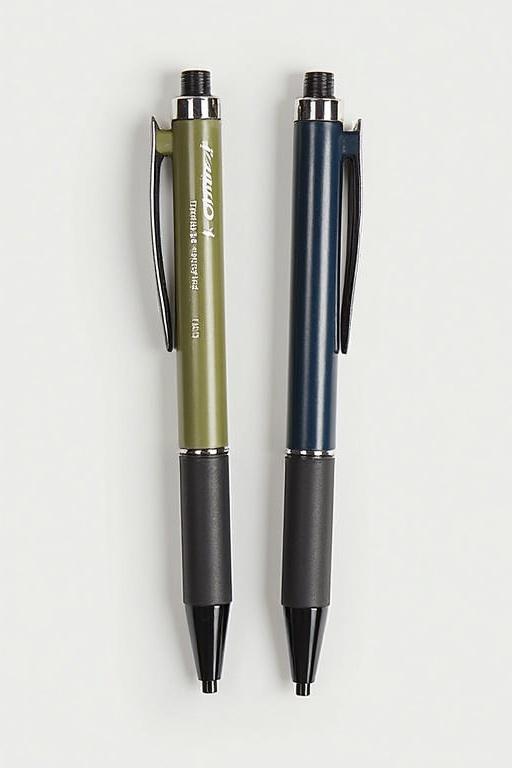 Two pens displayed side by side on a soft background. Pens are in olive green and navy blue colors. Both pens have a modern design and are suitable for writing and drawing.