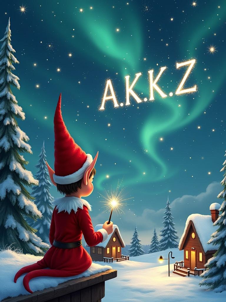 An elf sits on a wooden ledge wearing a red outfit and pointed hat. The elf holds a sparkling wand. The elf writes A.K.K.Z in the starry sky. The background shows a snowy landscape with charming houses and evergreen trees. Northern Lights shimmer in the sky. The elf also writes the names Natasha and Ada in the sky, creating a magical atmosphere.