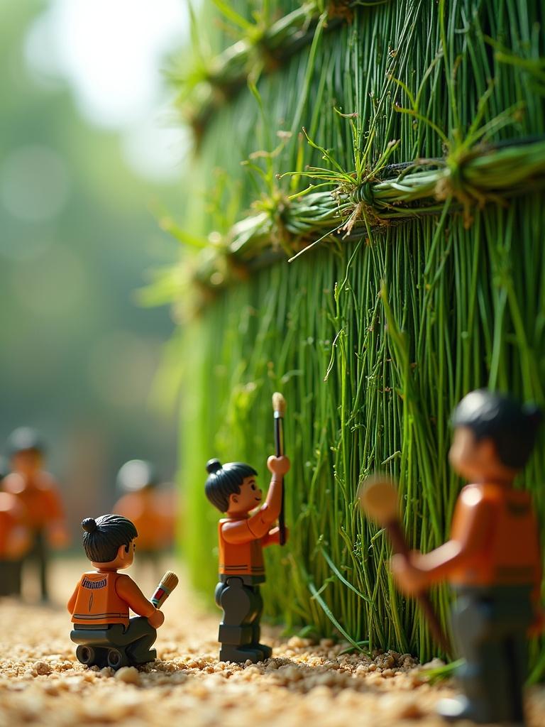 Mini-figures are engaged in painting and decorating a giant woven ketupat. Some are using small brushes. Others stand on scaffolding. Several are preparing rice for filling the ketupat. The ketupat has a woven texture and vibrant green color. The lighting is soft and professional. CP captures fine details making the image sharp and lifelike.