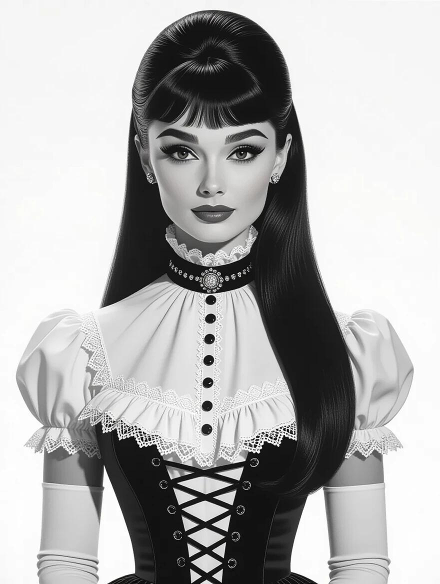 Full body frontal 3D representation of a woman in a Victorian dress. Black and white image with long brunette hair and elegant styling. Dress features a high collar and intricate details. Inspired by an old photograph.