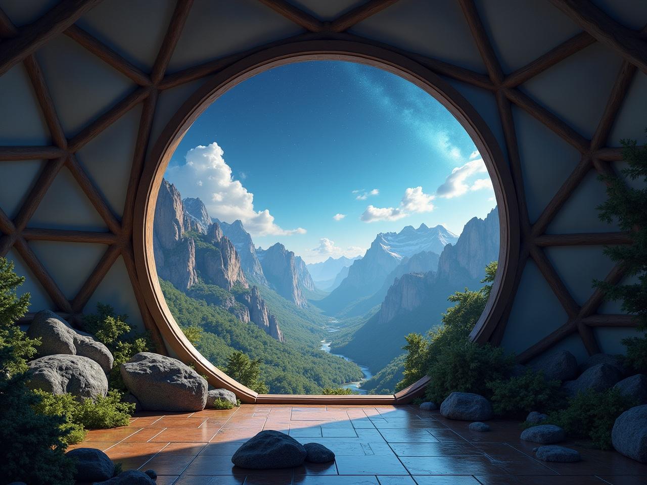 This image features a geodesic dome that opens up to a breathtaking view of lush mountains and a clear blue sky. The circular window acts as a frame that highlights the stunning mountain landscape outside. Sunlight streams in, illuminating the interior space. The detailed textures of the rocks and floor add warmth, contrasting with the cool colors of the mountains and sky. This scene invites viewers to imagine being in a serene and peaceful environment, surrounded by nature.