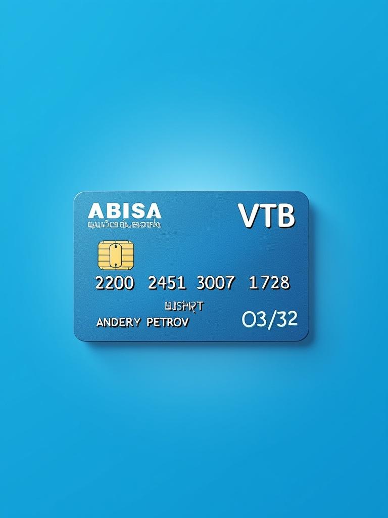 Realistic image of a credit card features МИР logo and Russian Bank VTB. Card number 2200 2451 3007 1728 is visible. Name ANDREY PETROV is presented clearly. Expiry date 03/32 is displayed. Blue background enhances clean appearance.