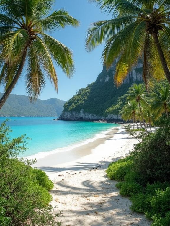 Lush landscape with distinct flora. White sand blends into clear turquoise waters. Surrounded by tall palm trees and rocky cliffs.