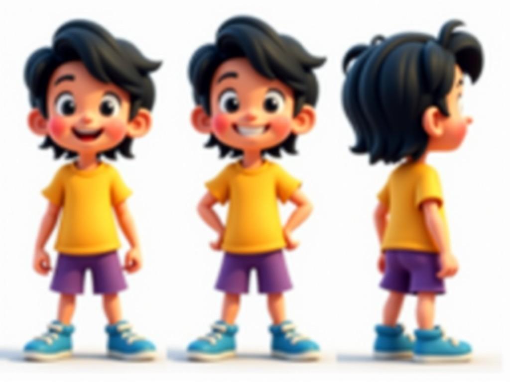 The image features a cheerful animated character designed in a cute style. This young boy has shoulder-length black hair and is dressed in a yellow t-shirt paired with purple shorts. He sports blue sneakers that enhance his playful appearance. The character is showcased from multiple angles, including front, side, and back, emphasizing his design intricacies. The vibrant color palette makes the character appealing to children, which is ideal for various children's media, such as animations and video games. The overall design reflects a cartoonish, Disney-like aesthetic, perfect for engaging young audiences.