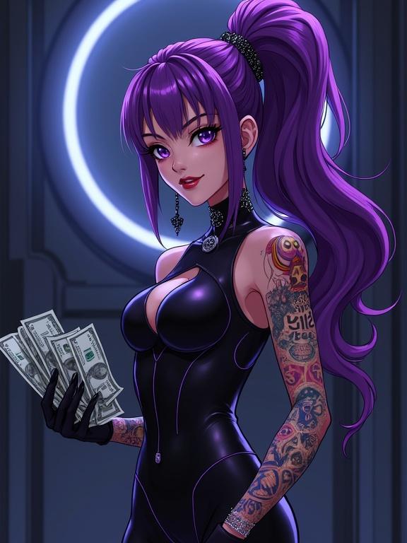 Young woman in a sleek black bodysuit. Inside a modern digital bank vault. Holding stacks of money. Long amethyst purple ponytail. Colorful tattoos depicting galactic Yakuza themes. Nighttime setting with neon lights. Standing confidently with a smirk. Wearing elaborate amethyst diamond jewelry. Muscular build with defined abs. Pale skin contrasted with dark attire. Emphasizing high-tech themes and a thrilling atmosphere.