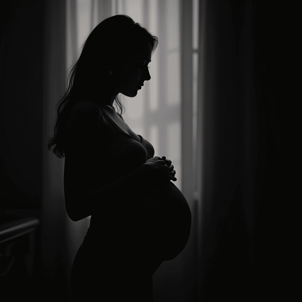 A silhouette of a pregnant woman standing near a window, holding her belly.