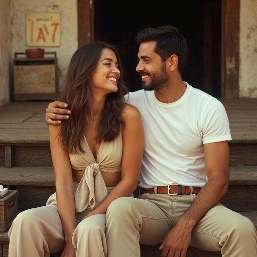A sepia-toned photograph capturing a warm moment between a young couple on rustic wooden steps. The woman laughs, her hair catching light, wearing a sleeveless tied blouse and high-waisted pants. The man has relaxed confidence, dressed in a fitted white t-shirt and belt. The background includes vintage crates and textures. This was shot with a Leica camera using a 50mm lens for shallow depth of field.