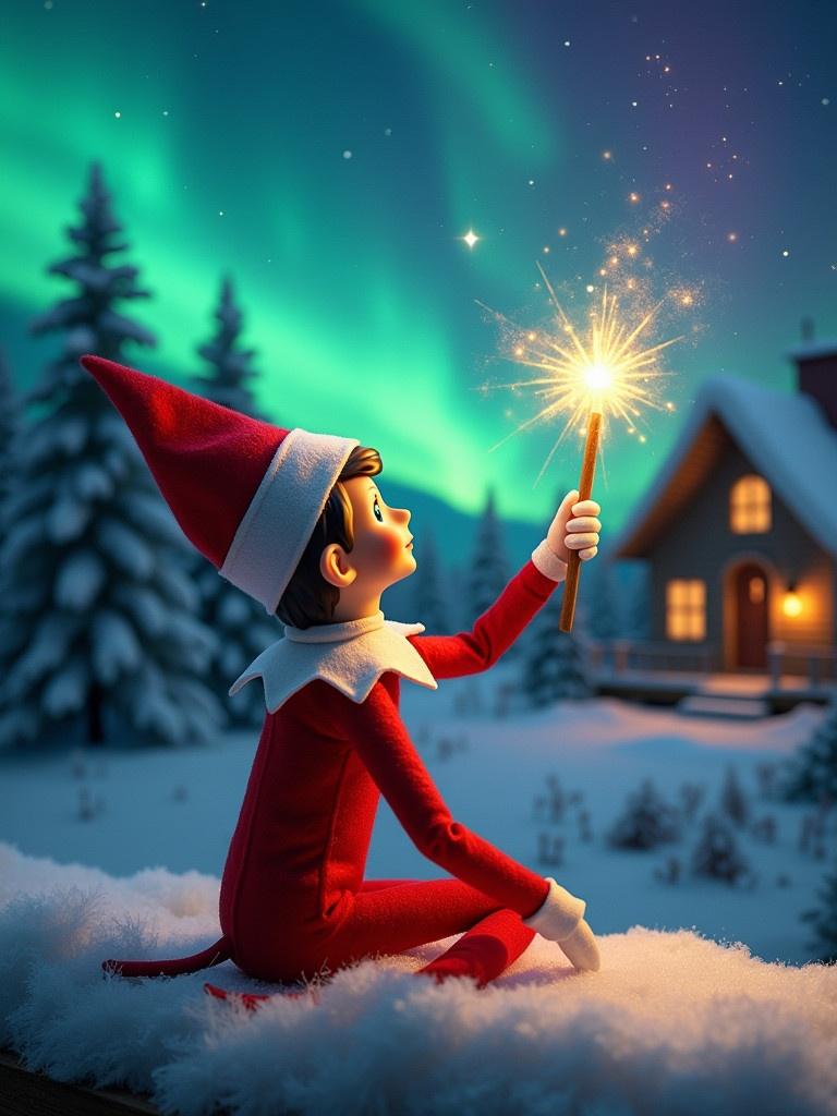 An elf on the shelf sits gazing at colorful northern lights. The elf holds a glowing wand. A cozy house is visible in the distance. Snow blankets the ground. The elf represents the magic of Christmas with sparks of joy in the air.