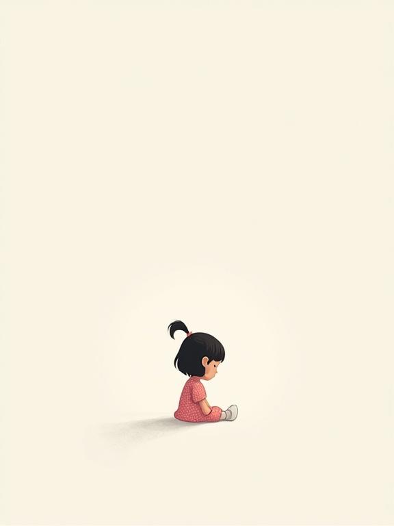 A 2D digital illustration of a little girl sitting alone in an empty space. She has black hair in a ponytail and wears a pink polka-dotted dress. There is a grayish-white background with soft shadows and no scenery.