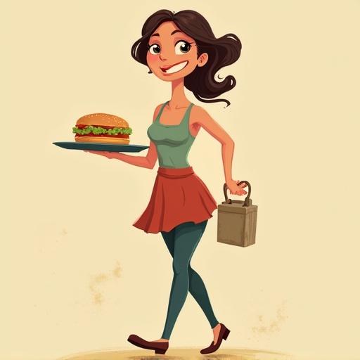 Illustration features a woman walking and carrying a tray with a delicious-looking burger. She wears an apron over a casual outfit. The background is light and simple, enhancing the character's presence. The image is fun and whimsical in style.