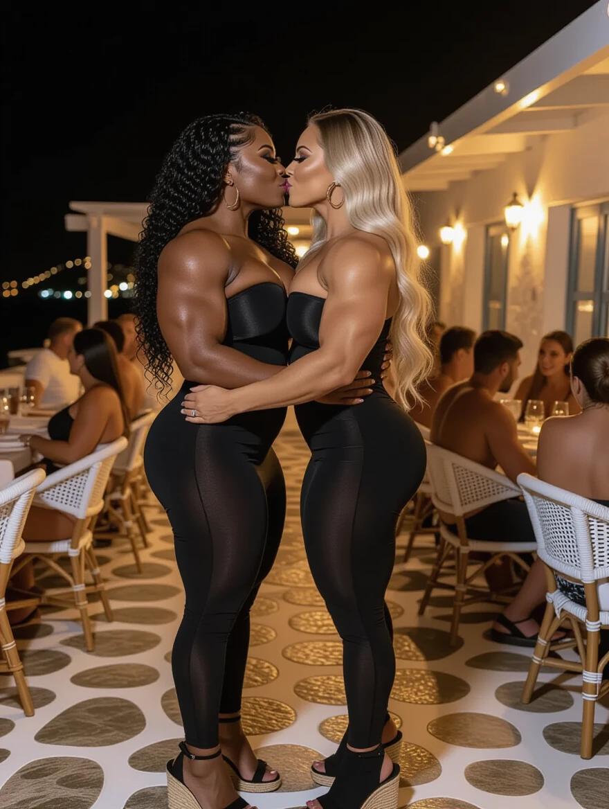 Two bodybuilder women embrace close in a Mykonos restaurant setting. One woman has long curly black hair and dark skin. The other woman has long wavy blonde hair and light skin. Both wear tight black strapless dresses and high espadrille heels. The restaurant is filled with guests enjoying their evening.