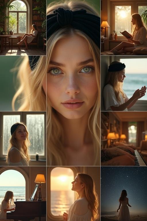 Grid of 9 images showing a young woman with long blonde hair and striking green eyes. Wide black velvet headband is prominent. Cozy scenes in a library, garden, and train. Laughing in a cafe. Close-up portrait reveals her eyes and headband. Playing a vintage piano. Walking along beach at sunset. Dancing in a ballroom. Looking up at stars at night. Warm tones and cinematic lighting enhance dreamlike quality. Images have thin white borders.